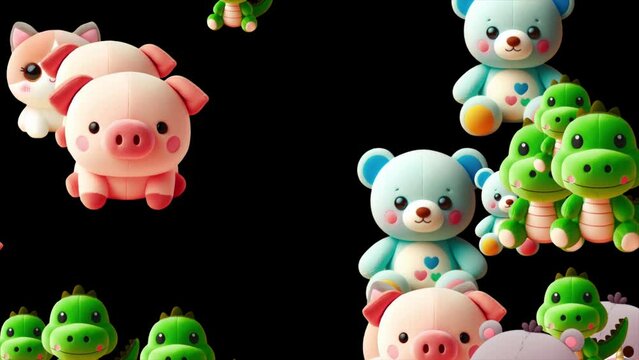Stuffed fluffy toy animals background, soft toys transition background for children's 