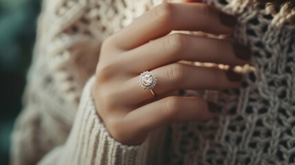 closeup of beautiful female woman slim hand wearing an engagement wedding ring with a expensive luxury gemstone diamond.