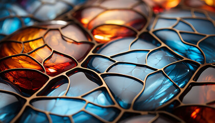 Vibrant colored glass shapes reflect abstract patterns in nature generated by AI