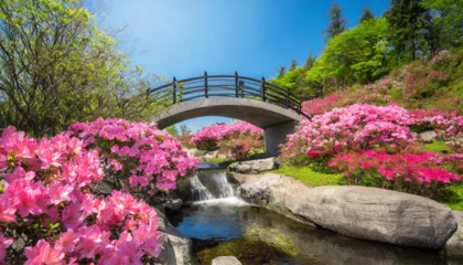 Keuken spatwand met foto Beautiful serene flower garden with blooming pink azaleas and concrete bridge over stream  summer time with clear blue sky © Daniel Amevor