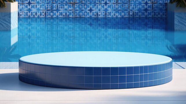 Round product presentation podium with blue mosaic tiles against a background of a pool scene