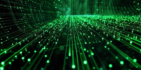 Abstract digital matrix, with a network of green lines and dots against a black background