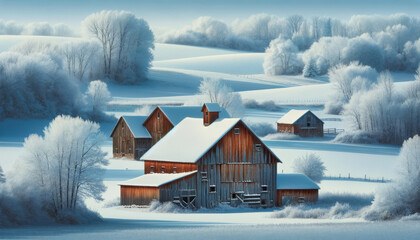 Rustic barns in a snowy field, with the main part of the image being a plain color suitable for a background. - obrazy, fototapety, plakaty