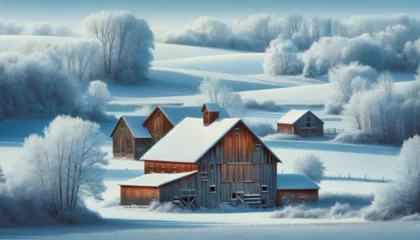  Rustic barns in a snowy field, with the main part of the image being a plain color suitable for a background. © FantasyLand86