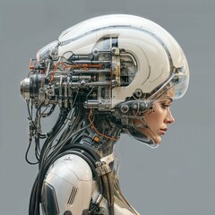 a sci fi astronaut wearing a headset with cables and wires