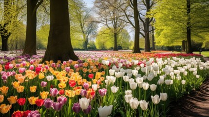 A spectacle with many kinds of fragrant and colored flower bulbs in a park in Lisse, Netherlands