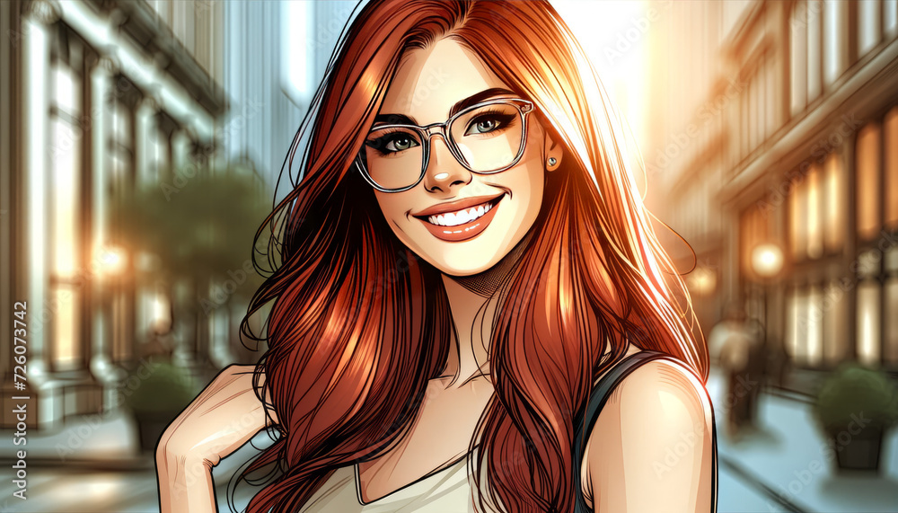 Wall mural An image of a cheerful young woman with long red hair, wearing clear fashionable glasses and a sleeveless top. - Wall murals