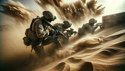 Soldiers setting up a defensive perimeter with a sandstorm approaching. - obrazy, fototapety, plakaty