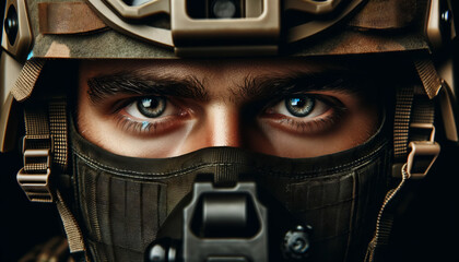 Close-up of a soldier's eyes reflecting the resolve and intensity of the mission. - obrazy, fototapety, plakaty