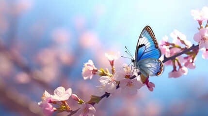 Beautiful blue yellow butterfly in flight and branch of flowering apricot tree in spring at Sunrise on light blue and violet background macro