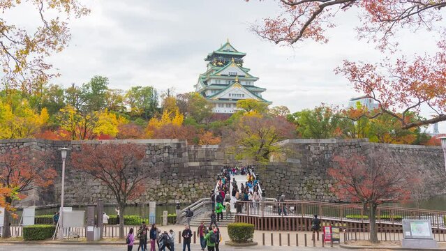 2019-11-26 JAPAN : Time lapse of Osaka Castle building with colorful maple leaves or fall foliage in autumn season. Colorful trees, Kyoto City, Kansai, Japan. Architecture landscape background. 