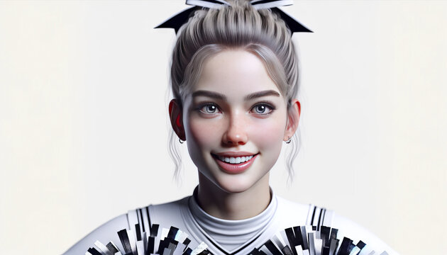 A photorealistic image of a cheerleader with detailed facial features and clear eyes with visible pupils.