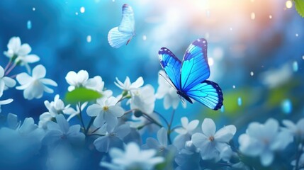 Fototapeta na wymiar Beautiful spring background with blue butterfly in flight and flowers anemones in forest on nature. Delicate elegant dreamy airy artistic image harmony of nature.