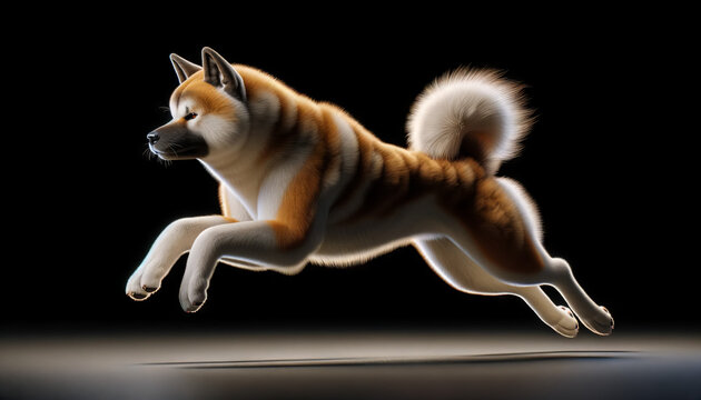 A photo-realistic image of an Akita running or jumping, showing its athleticism.