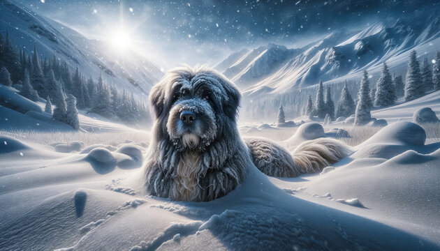 A photorealistic image of an Aidi dog in a snowy scenery, showcasing its adaptability to cold climates.