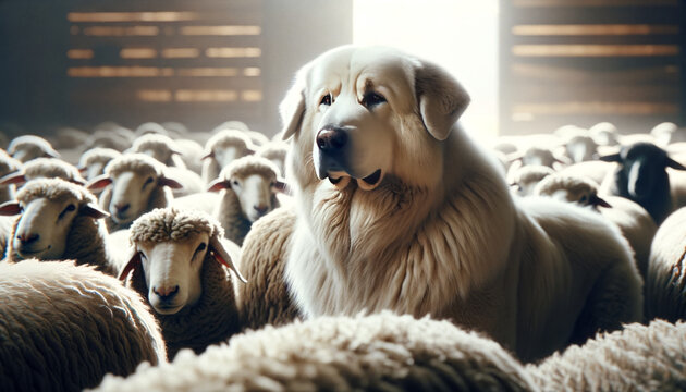 A photo-realistic image of an Akbash dog guarding sheep, focusing on the dog.
