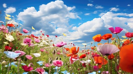 Colorful spring flowers on a meadow in panorama format, with the blue sky and white clouds in the background
