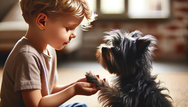 A high-resolution, photorealistic image of an Affenpinscher dog having a gentle moment with a child.