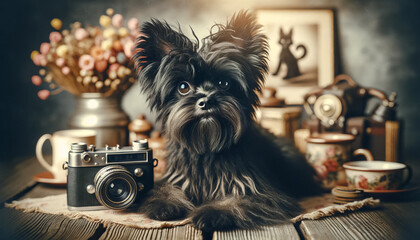 A high-resolution, photorealistic image of an Affenpinscher dog in a vintage styled setting, using retro filters or props for a nostalgic look. - obrazy, fototapety, plakaty