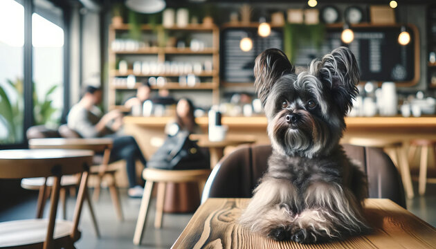 A high-resolution, photorealistic image of an Affenpinscher dog sitting calmly at a pet-friendly cafe.