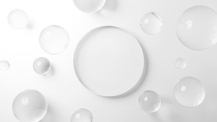 白背景に透明な球体のガラスと円形の台座。俯瞰。3D（横長）