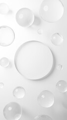 白背景に透明な球体のガラスと円形の台座。俯瞰。3D（縦長）