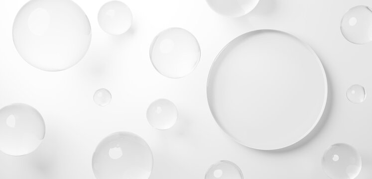 白背景に透明な球体のガラスと円形の台座。コピースペース。俯瞰。3D（横長）