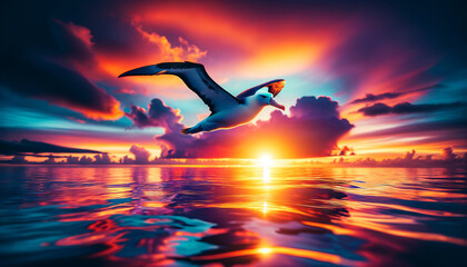 Albatross with a colorful ocean sunset background, creating a romantic and serene setting.