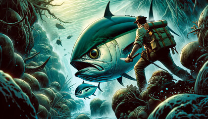 A graphic novel-style illustration of an Albacore tuna adventure story. - obrazy, fototapety, plakaty