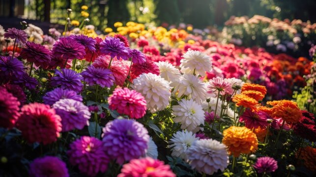 This is a photograph of a beautiful flower garden. The garden is filled with various types and colors of flowers that are in full bloom. Some of the flowers are pink, yellow, purple.