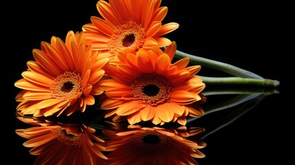 Two orange gerbera flowers and their reflections in a crooked mirror, as well as improvisation with colorful light in the black background - obrazy, fototapety, plakaty