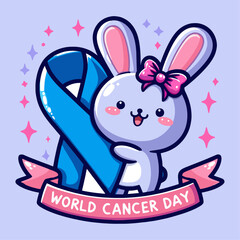 World Cancer Day. Cute cartoon bunny with ribbon. Vector illustration.