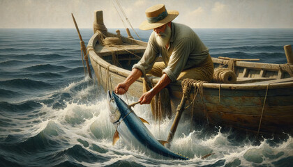 A traditional oil painting of an old fisherman catching Albacore tuna.