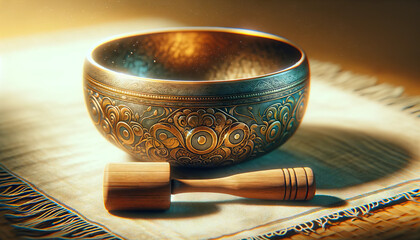 A whimsical, animated art style depiction of a close-up of a Tibetan singing bowl with a wooden striker.