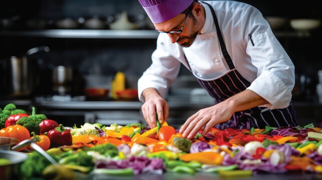A chef is arranging food in the kitchen, preparing a vegetarian menu of vegetables and fruit.