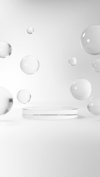 白背景に透明な球体のガラスと円形の台座。3D（縦長）