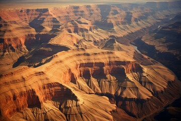 Aerial view of expansive Grand Canyon with contrasting shadows and textured cliffs. Generative AI