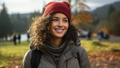 One young woman smiling, enjoying autumn outdoors in nature generated by AI