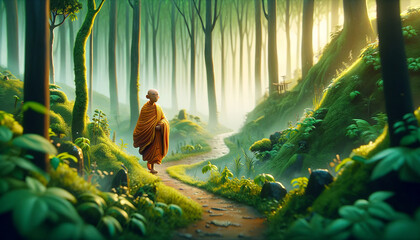A whimsical, animated art style depiction of a monk walking on a misty, forested path. - obrazy, fototapety, plakaty