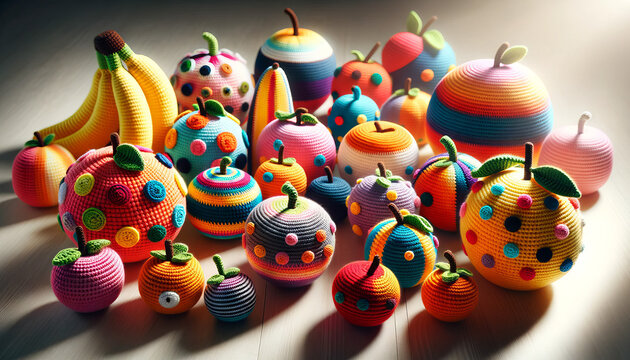 A whimsical and animated collection of crocheted fruits, each with vibrant, multicolored patterns.