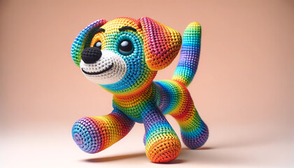 A whimsical and animated crocheted dog with a detailed, vibrant rainbow pattern.