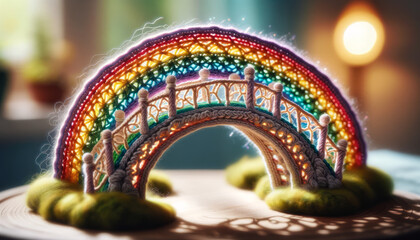 A whimsical and animated crocheted rainbow bridge for a fairy garden, showcased in a close or medium shot. - obrazy, fototapety, plakaty