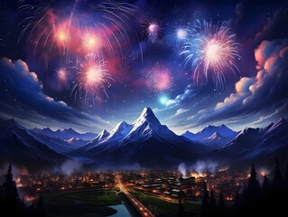 Fireworks Symphony Over a Mountain Range