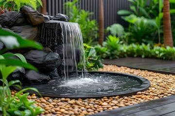 Outdoor oasis: modern water feature fountain waterfall showcased in a wide banner, offering copy space for garden landscape ideas.