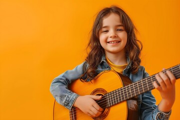Evoke the spirit of music education with a delightful image of a child happily strumming a guitar...