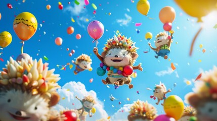 Obraz na płótnie Canvas A playful parade of hedgehogs floating in the sky with their balloon hats and props ready to entertain the audience below in this lively cartoon scene.