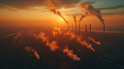 工業地帯から排出された温室効果ガスが美しい空を汚す様子 - obrazy, fototapety, plakaty