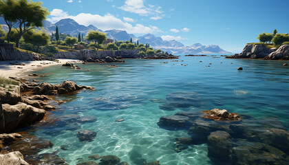 Fototapeta premium Tranquil summer coastline, mountain peak reflected in clear waters generated by AI
