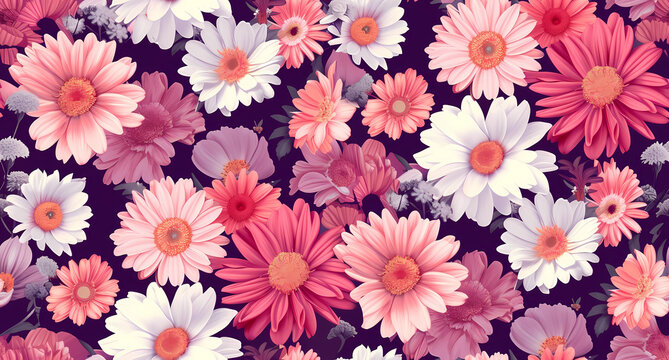 pink and white flowers in a pattern on a purple background