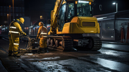 Excavator heavy equipment installing fiber optic cables on the highway by workers at night.